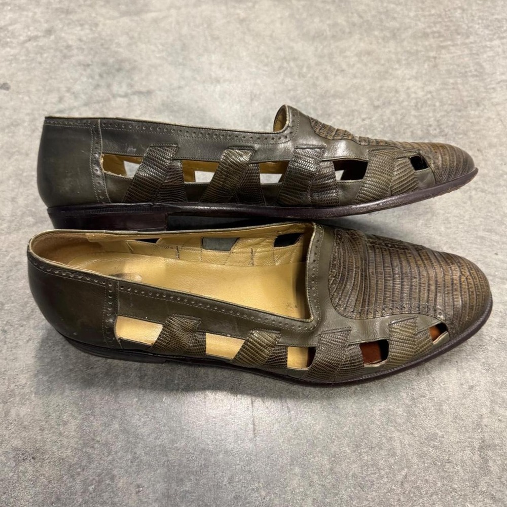 Vintage Ventura Lizard Skin Cutout Loafers Olive Green Leather Spain Men's 9.5